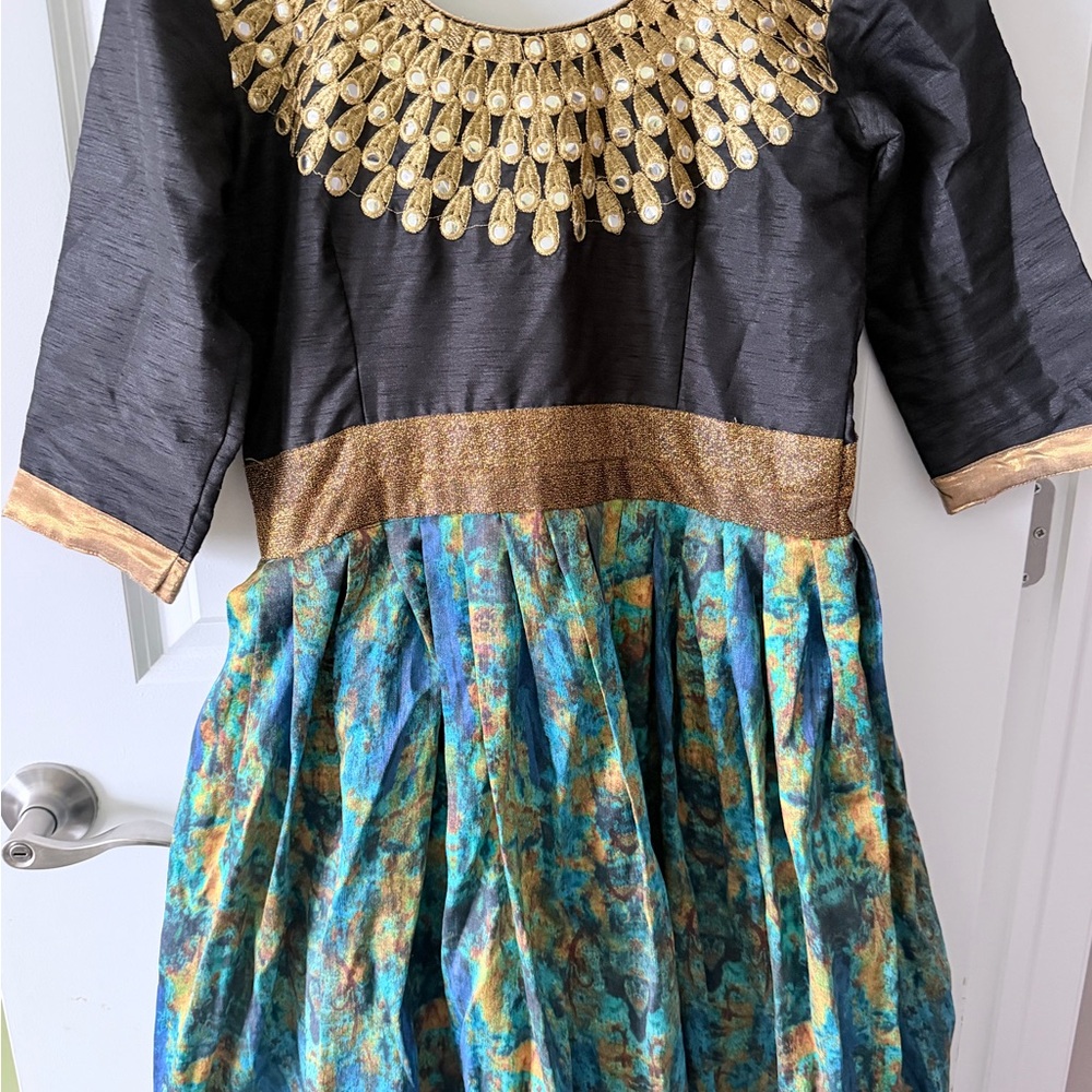Elegant Indian Black and Gold Dress with Blue Patterned Skirt